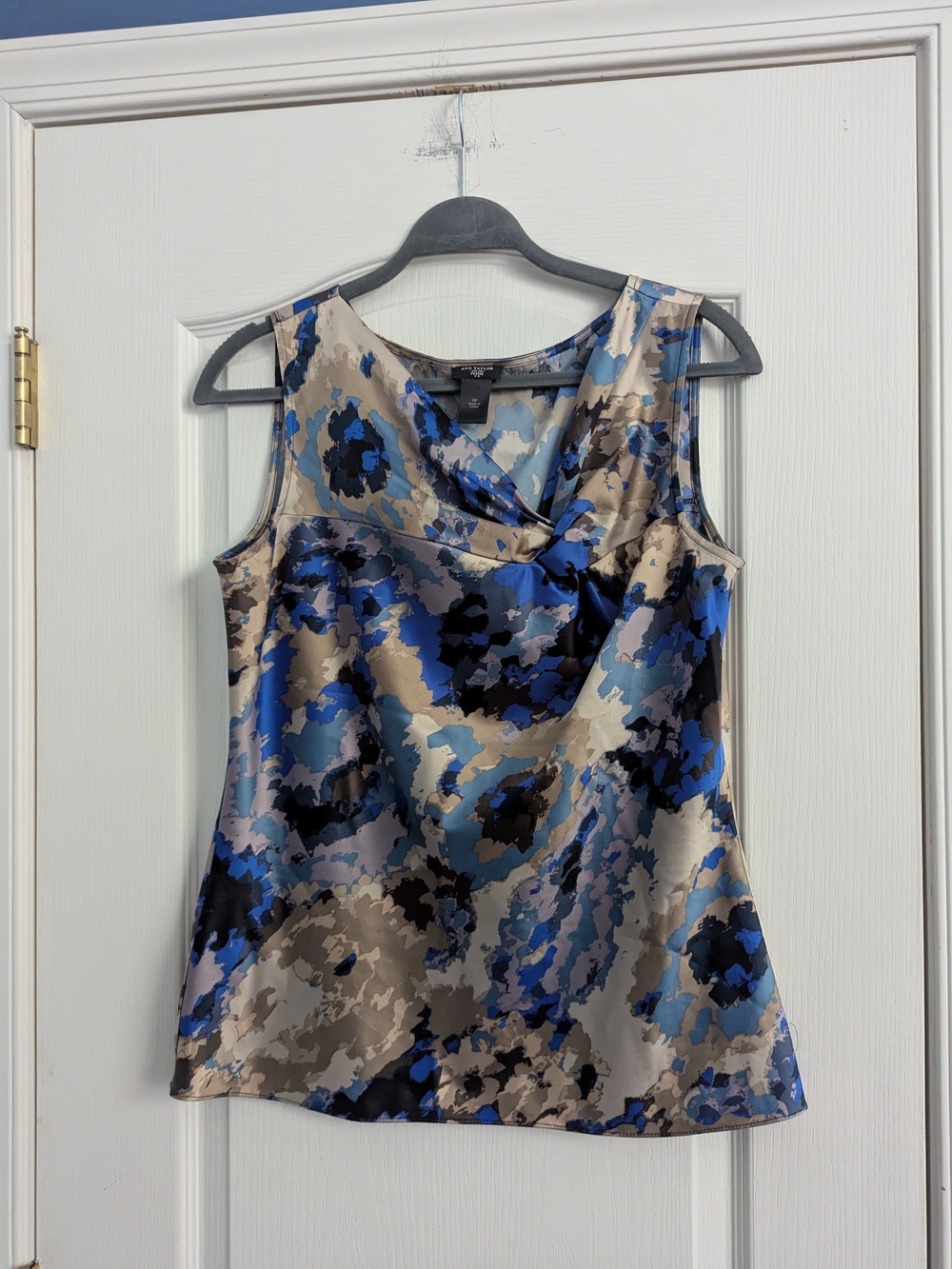 Ann Taylor Blue, Black & Taupe Abstract Satin Sleeveless Top